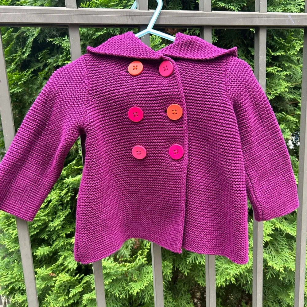 Girls' Fuchsia Knit Double-Breasted Sweater with Hood